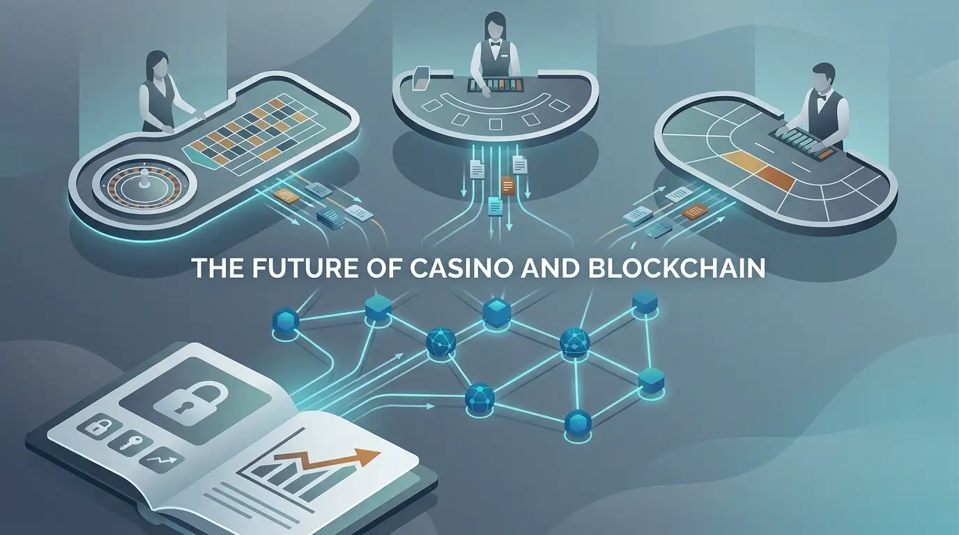 Stylized live casino tables connected to a crypto wallet network