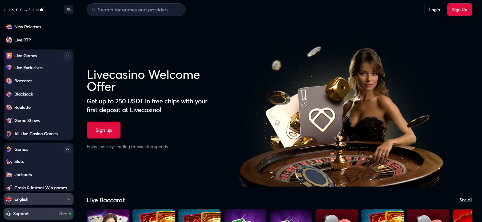 Livecasino.io homepage showing casino navigation and live-game categories