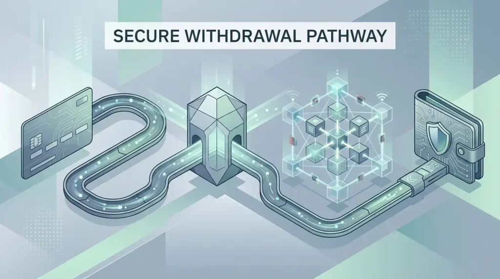Crypto cashout path moving from a casino balance through account checks to a blockchain wallet