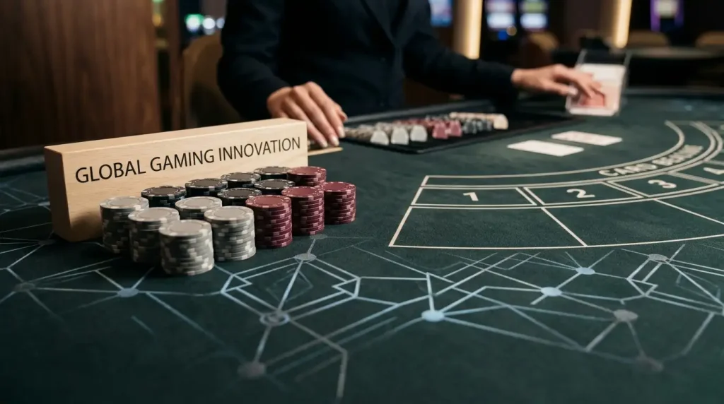 Casino chips beside a live table with a subtle cryptocurrency motif