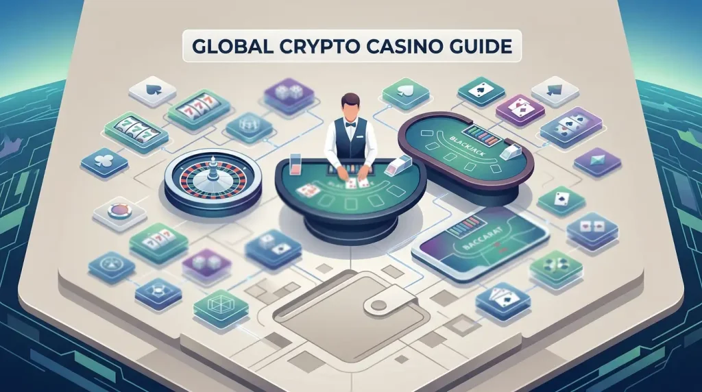 Casino game tiles arranged around live table layouts and abstract digital connections
