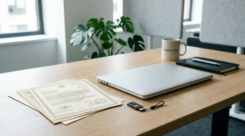 Neutral compliance documents beside a laptop and security key
