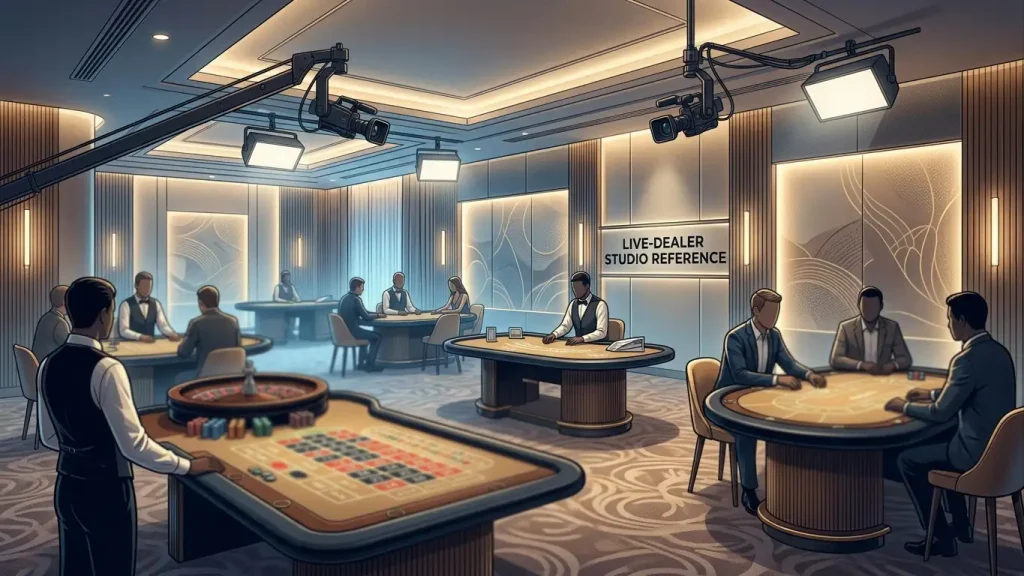 Elegant live casino studio with roulette, blackjack and baccarat tables under soft lighting
