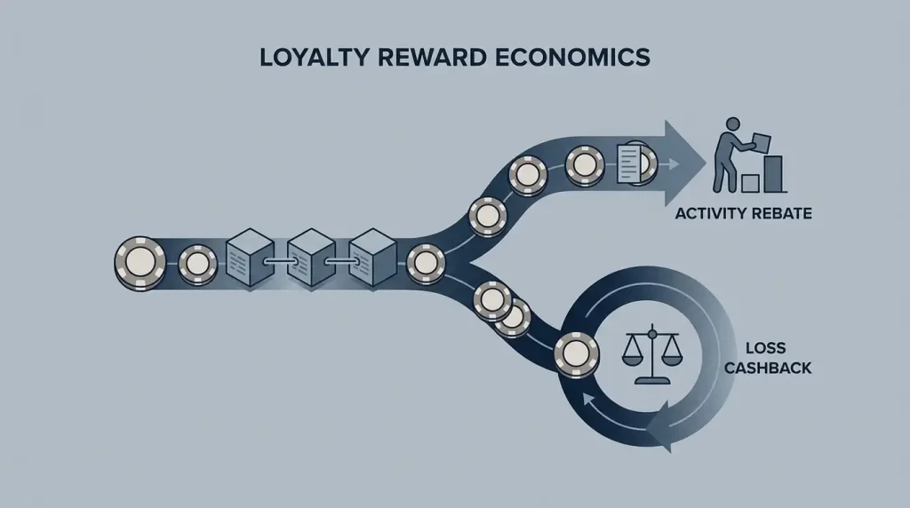 Abstract loyalty progression path with casino chips and digital reward markers